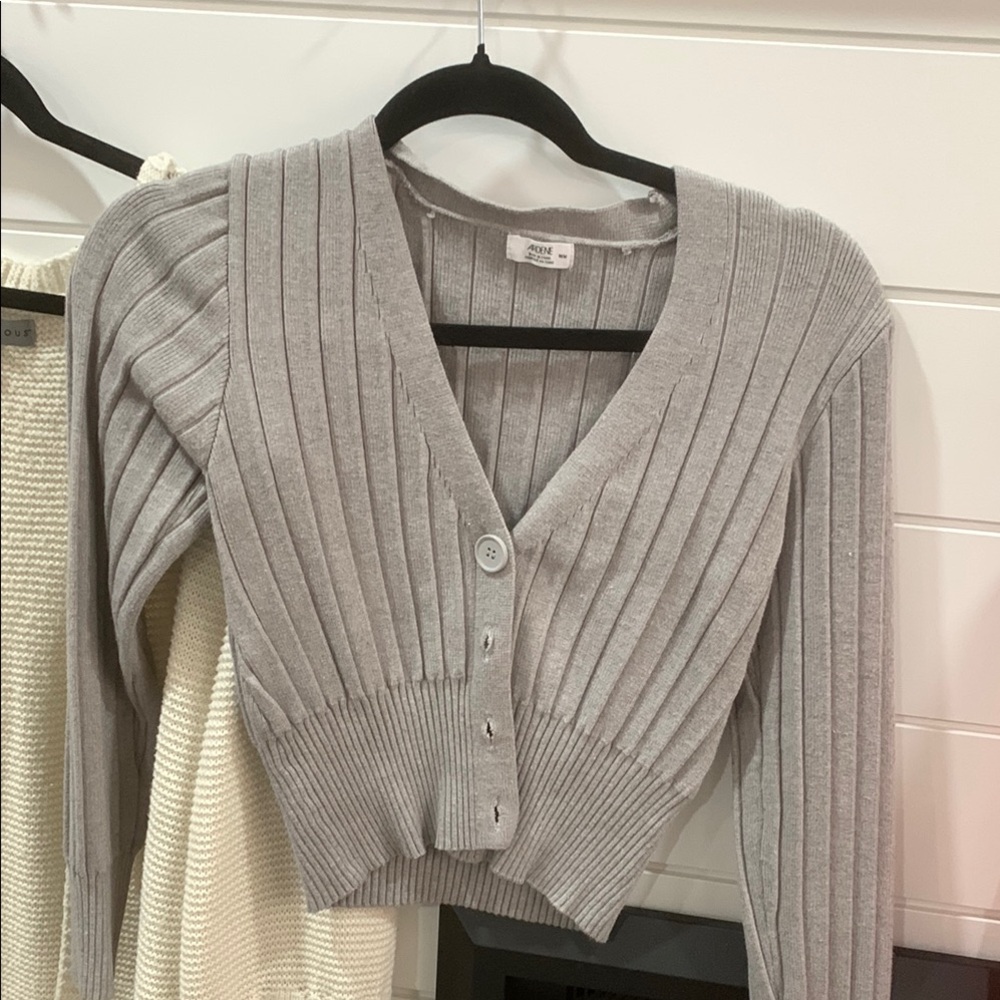Gray Ribbed Button-Up Sweater